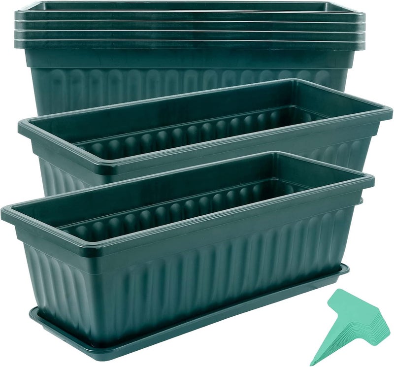 JOIKIT 6 Packs 17 x 7.5 x 5.5 Inch Plastic Window Planter Boxes with Trays, Plastic Vegetable Planter with 30 Plant Label, Countryside Flower Box Pot for Garden Windowsill Patio Balcony, Dark Green - Image 1
